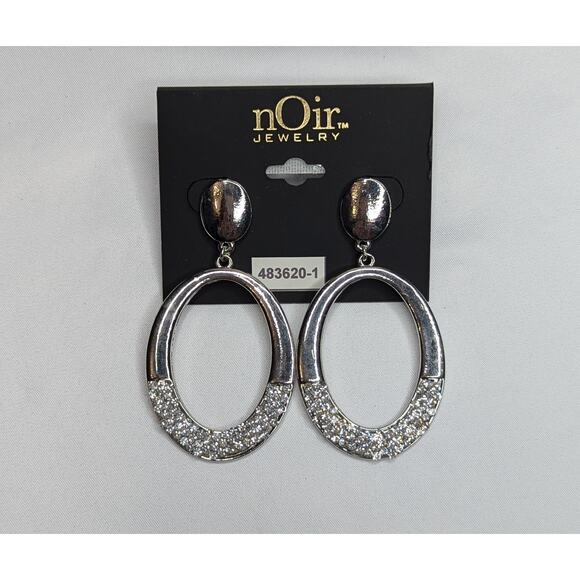 Oval Mottled Silver Rhinestone Hoop Earrings by nOir - Picture 2 of 5